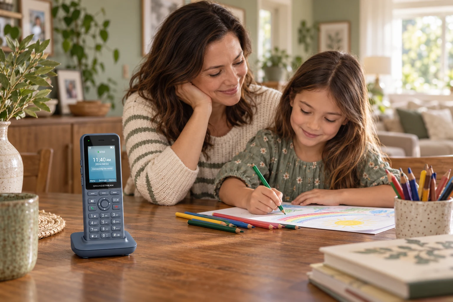 A mother and child drawing together beside a cordless home phone.
