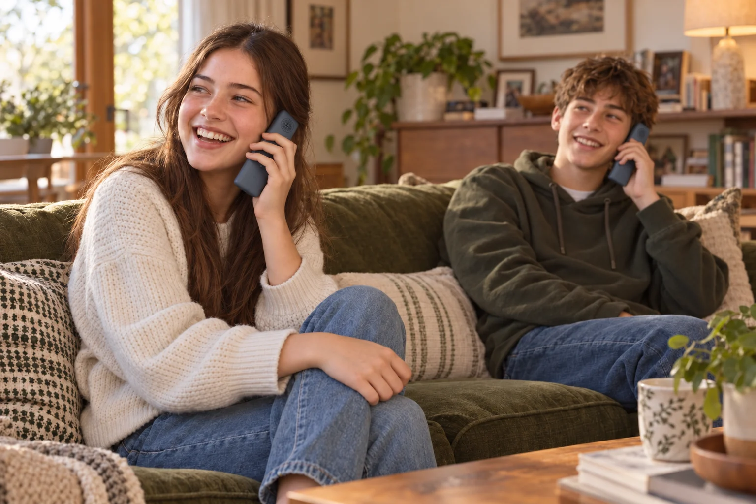 Two teenagers enjoying calls on cordless Grandstream WP826 handsets at home.